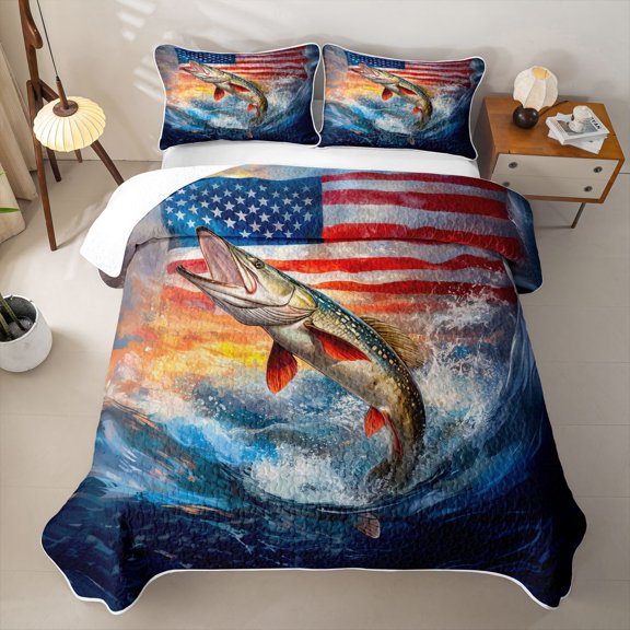 Erosebridal Rustic Pike Fish Twin Quilt Set for Girls Boys, Retro US Flag Twin Coverlet Set, 2pcs