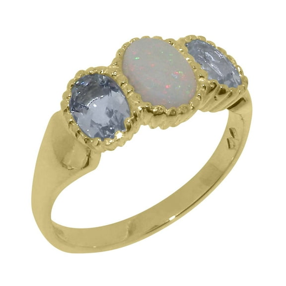 LBG British Made 14k Yellow Gold Natural Opal & Aquamarine Womens Anniversary Ring - 33 size options - Size 10