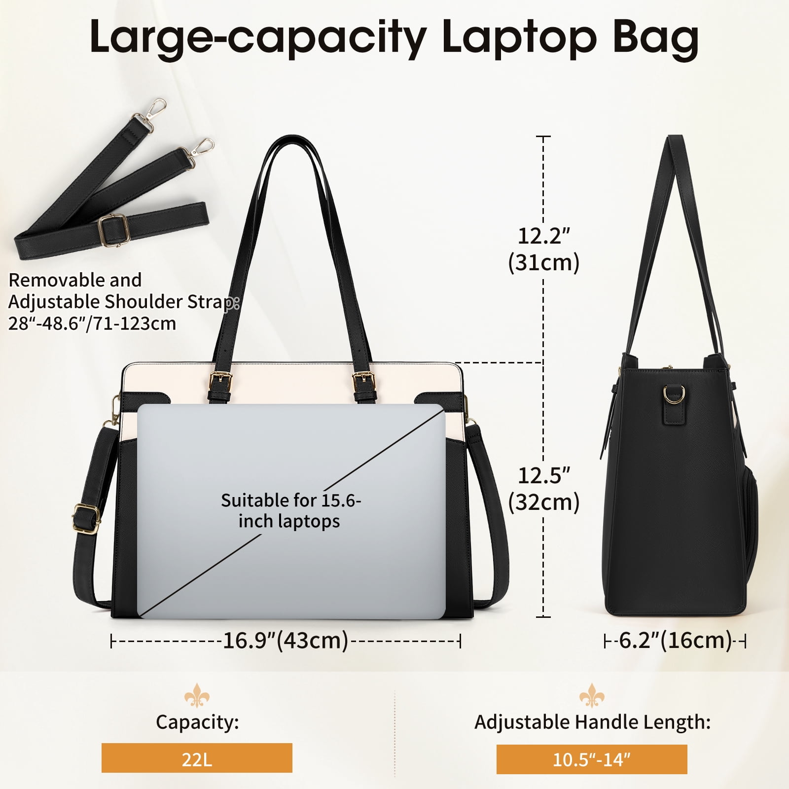 RAINSMORE 15.6 inch Lunch Tote Bag for Women Laptop Bags with Insulated Lunch Compartment Teacher Work Bag for Office Travel,BlackWhite