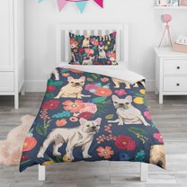 French Bulldog Dog and Flower Duvet Cover and Pillowcase Set for Single Bedding, Bedroom Accessories for Kids Teens