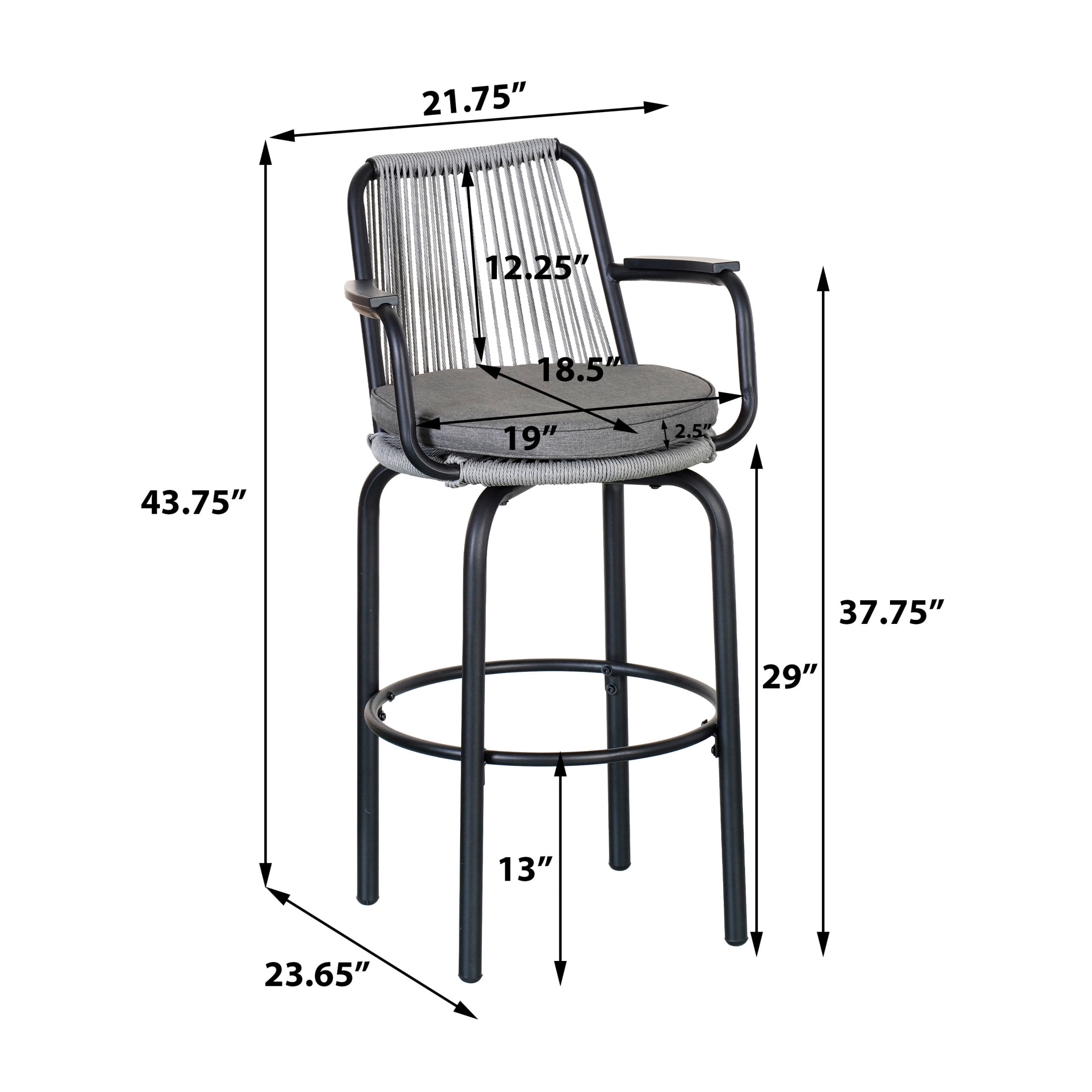 Lyric Modern 29" Outdoor Patio Bar Stools, Bar Chairs with Wood Grain Finish Frame with Hand-Woven PE Rattan Rope, Removable Cushions, Black+Gray, Set of 2