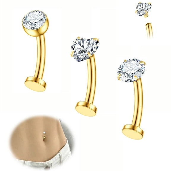 3PCS Floating Belly Button Ring for Women Hypoallergenic Surgical Stainless Steel Belly Rings Internally Threaded CZ Bar Navel Barbell Flat Back Belly Piercing 10MM Silver Gold