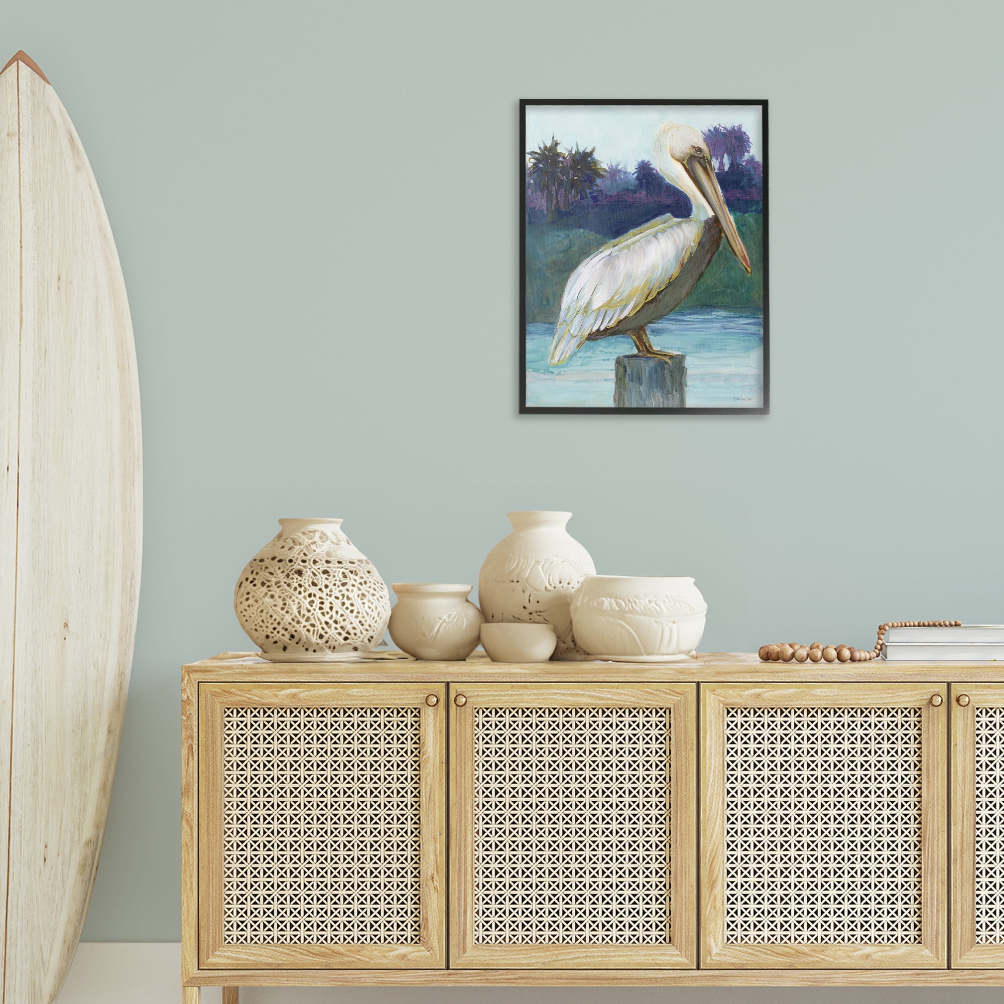 Stupell Industries Tropical Pelican Perched Animals & Insects Painting Black Framed Art Print Wall Art, 24 x 30