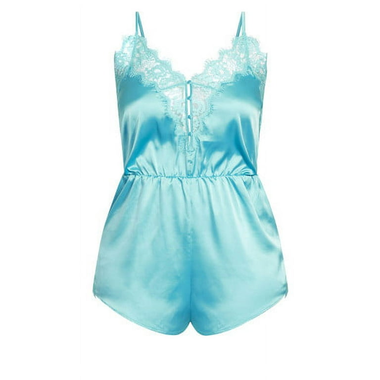 City Chic Women s Plus Size Stella Satin Playsuit V Neck With Lace Trim Button Closure Sleepwear