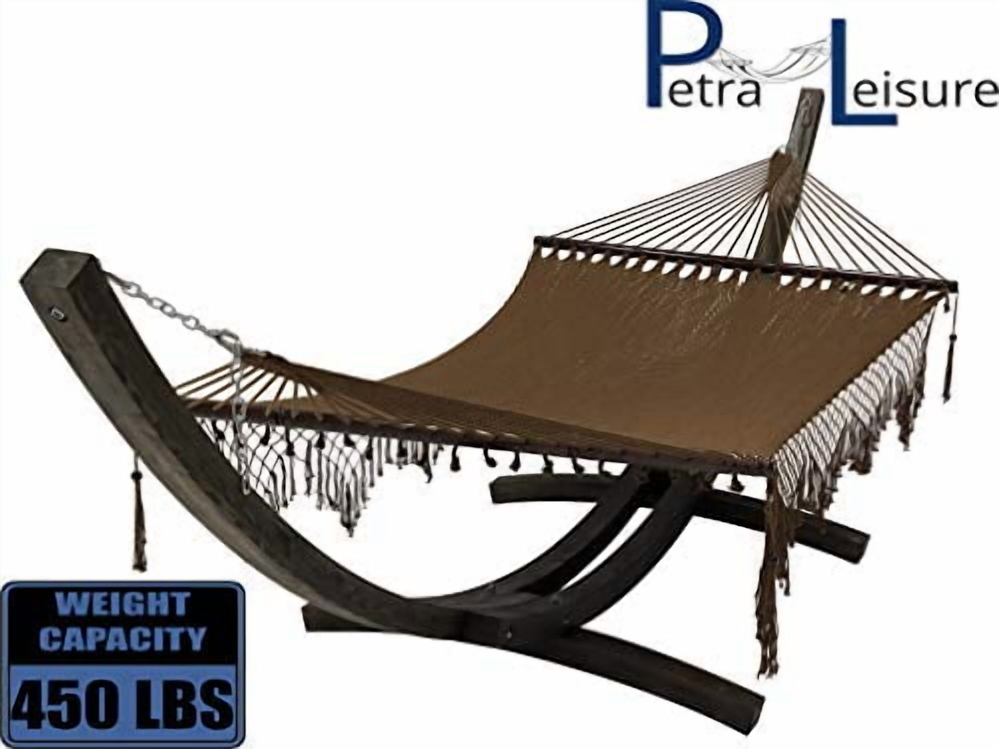 Petra Leisure 14 Ft. Wooden Arc Hammock Stand + Deluxe Hand Woven Bohemian Chic Rope Hammock Bed. 2 Person Bed. 450 LB Capacity