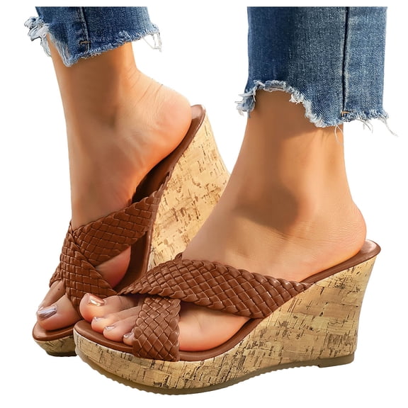 Rokment Womens Platform Wedge Dress Sandals 2026 Summer Trendy Casual Braided Leather Crooss Band Open Toe Chunky High Heels Slip on for Woman Brown Size 6.5