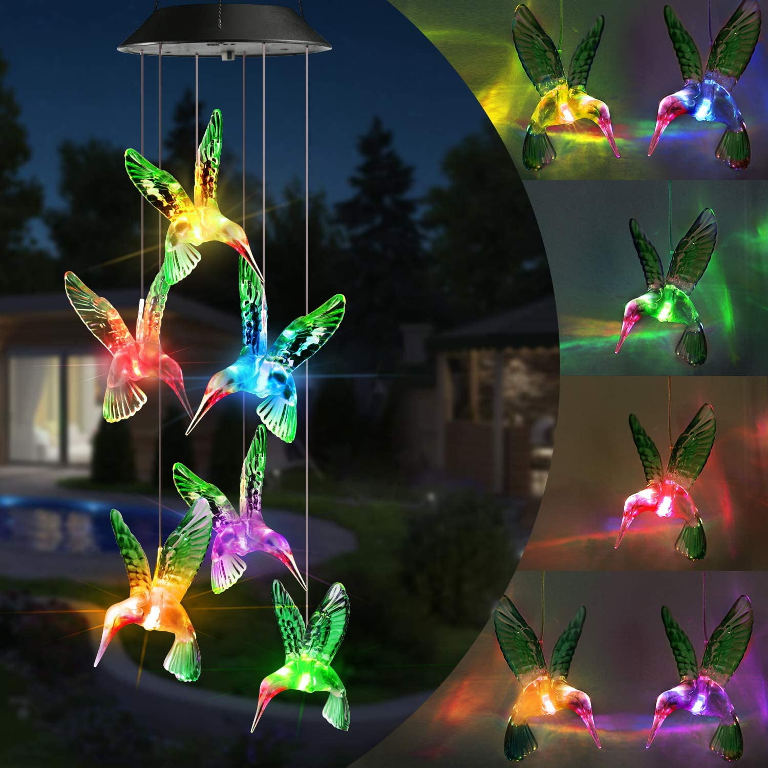 LED Color Changing Solar Wind Chimes Lights Hanging Hummingbird Ball Garden Lamp 