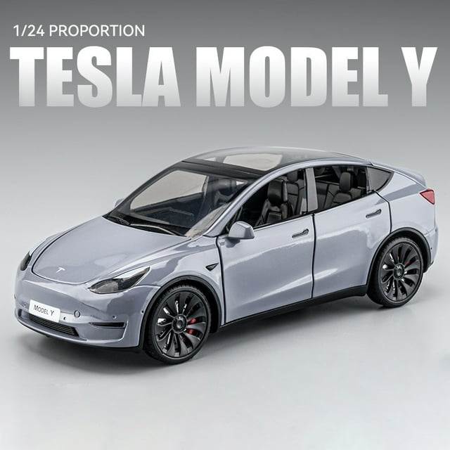 New 1:24 Teslas Model Y Model 3 With Charging Pile Alloy Car Die Cast Toy Car Model Sound and Light Children's Collectibles Gift Model Y Silver