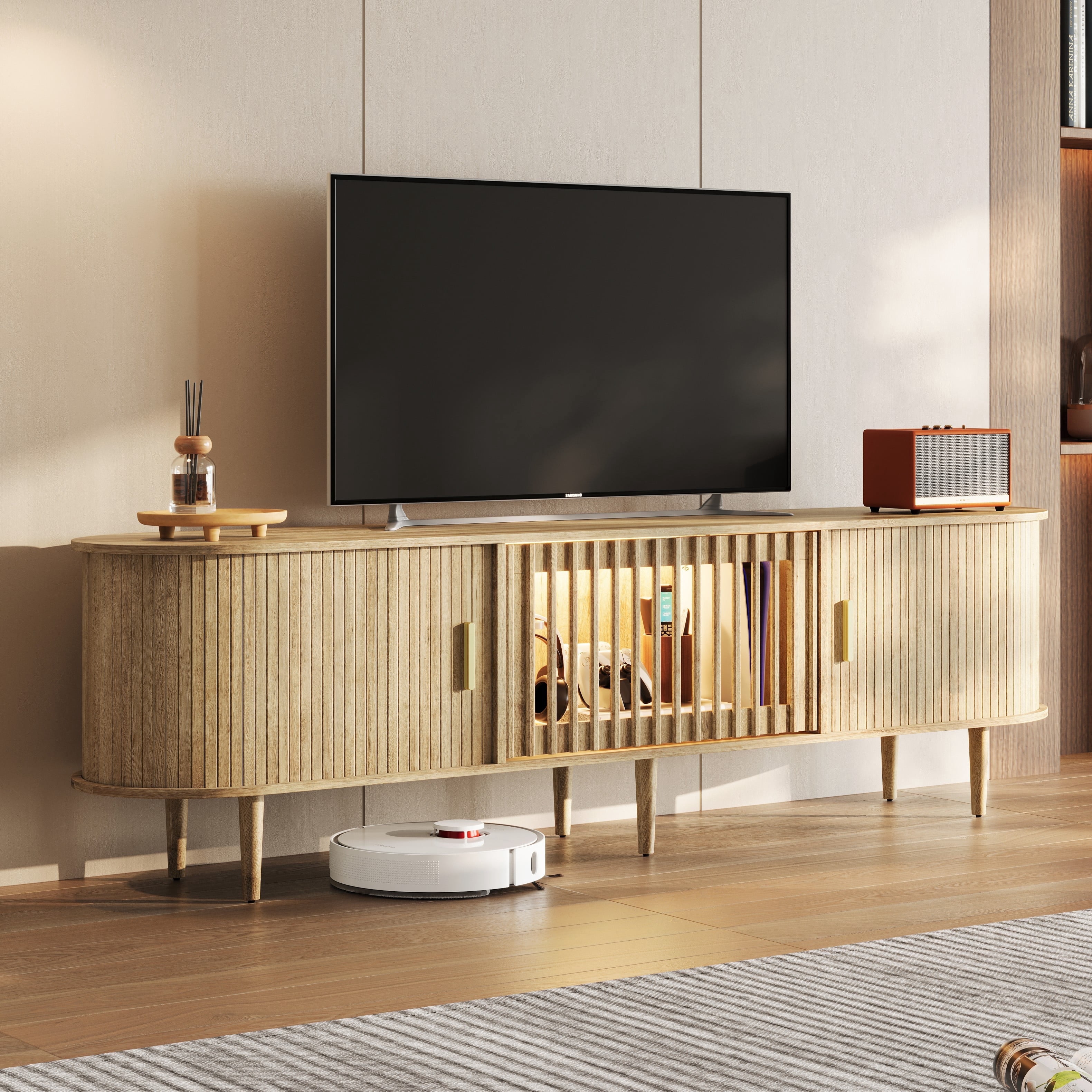 CHIC HOUSE 70" LED TV Stand for TVs up to 75", Mid-Century Modern Entertainment Center with Storage Shelves & Sliding Tambour Door, Oak