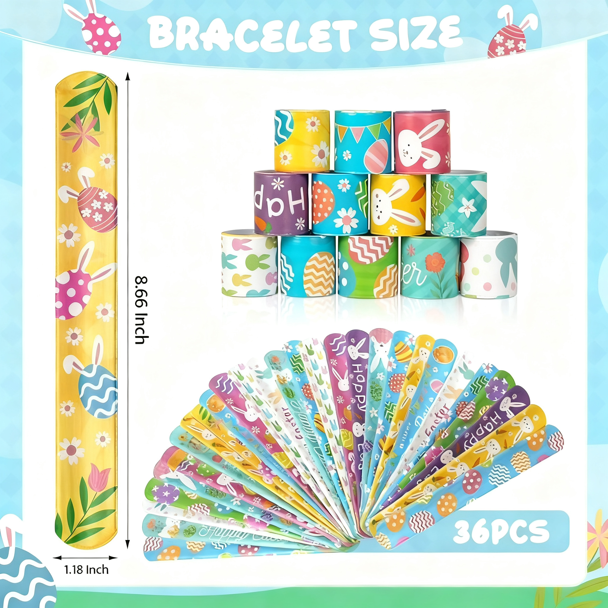 36Pcs Easter Slap Bracelet,Easter Decorations Bracelet Decorations Gifts,Bunny Bracelets Present for Holiday Goodie Bag Stuffers,Bracelets Bulk for Birthday School Classroom Prizes Outdoor