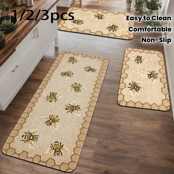Farmhouse Style Warm Bee Kitchen Rugs Set of 3, Non-Slip Flannel Rug, Soft Easy Clean for Bathroom Bedroom Living Room Porch Laundry