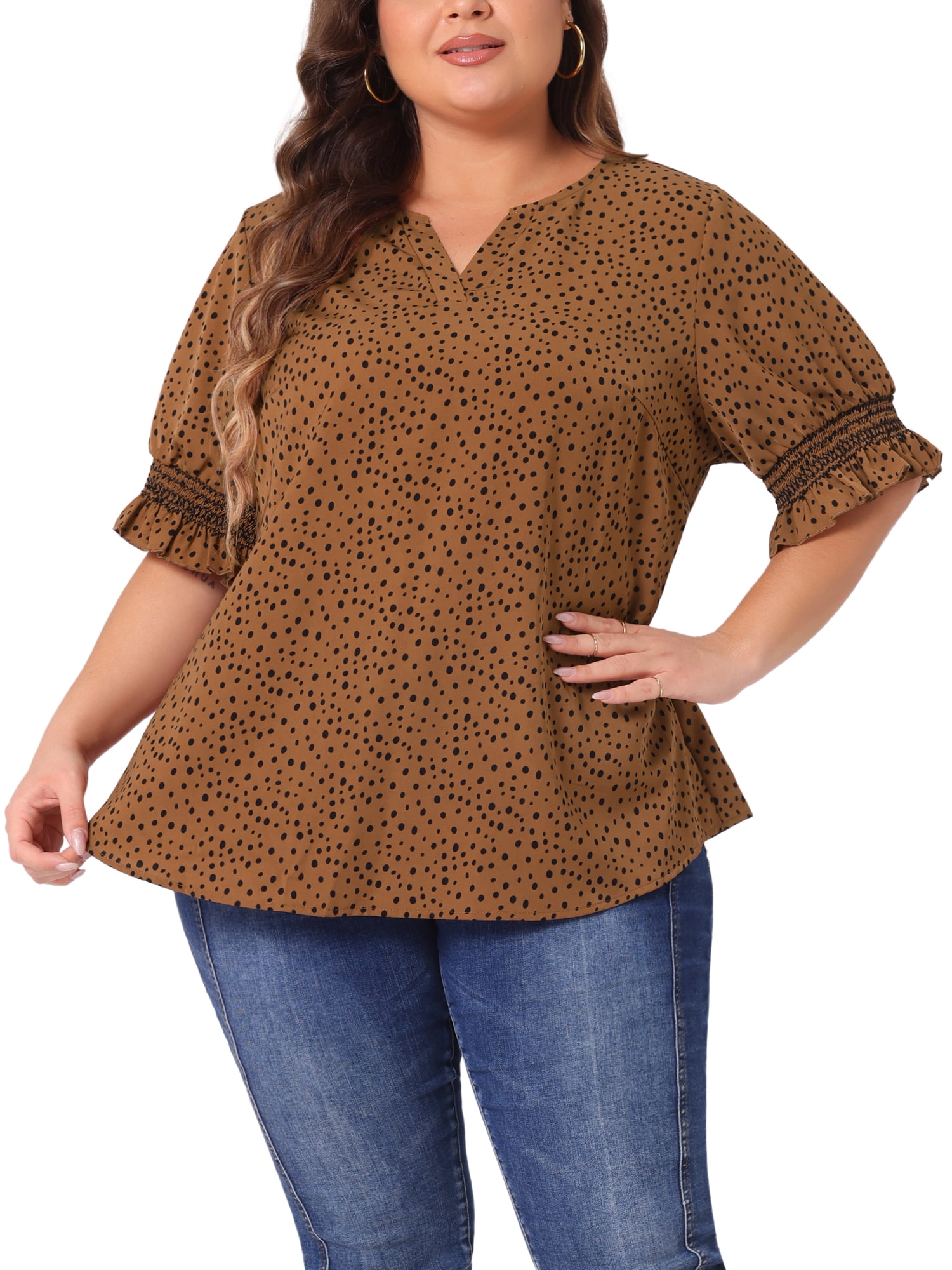 Unique Bargains Women's Plus Size Dots Heart Smocked Short Sleeve Blouse 4X Brown