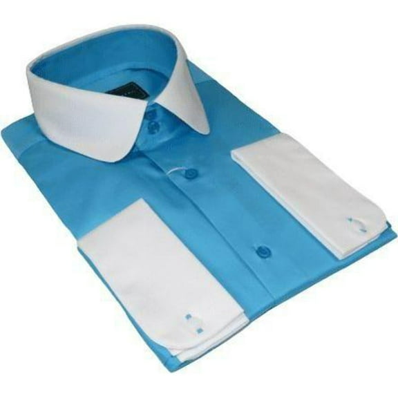 Men 100% Cotton Shirt CIERO MONTERO Turkey #STN 066 Teal/White Collar Slim Fit