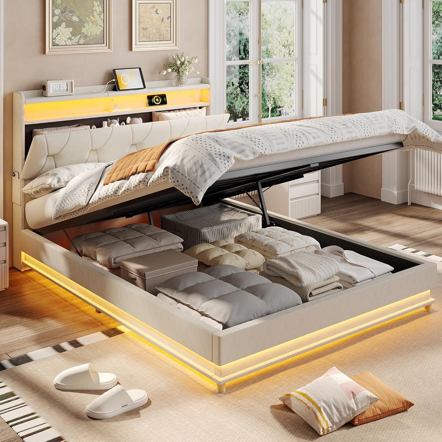 VEANERWOOD Full Size Lift Up Bed Frame with Storage Headboard, Upholstered Platform Bed with Charging Station, LED Lights, No Box Spring Needed