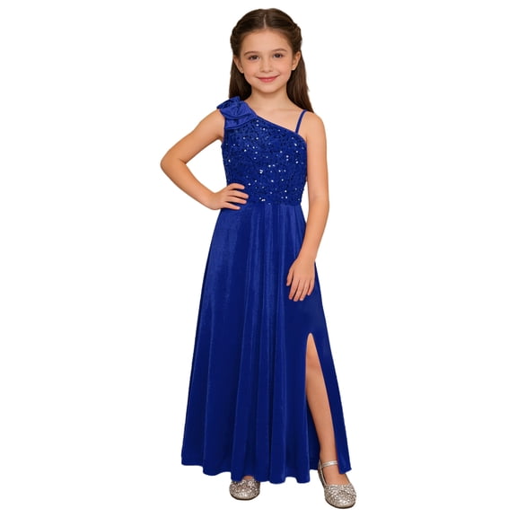 vastwit Wedding Junior Bridesmaid Dress One Shoulder Bow Sequin Velvet Sleeveless Slit Maxi Flower Girl Dress Royal Blue 16