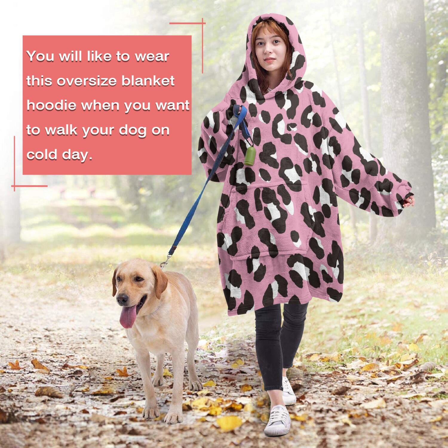 Pink and Black Of Leopard Print Wearable Oversized Blanket,Wearable Blanket Hoodie for Adults,Cozy Hooded Blankets with Super Pockets,Super Warm Fuzzy Pullover for Women & Men
