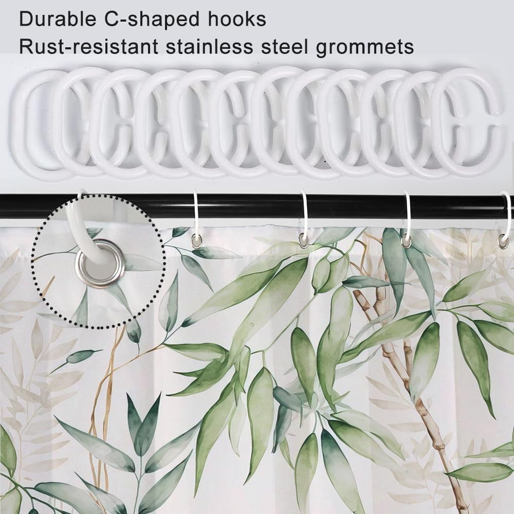 Green Bamboo Shower Curtain, Watercolor Green Leaves Shower Curtain for Bathroom Waterproof Fabric Spring Botanical Shower Curtain Set with Hooks, 72x84 Inch