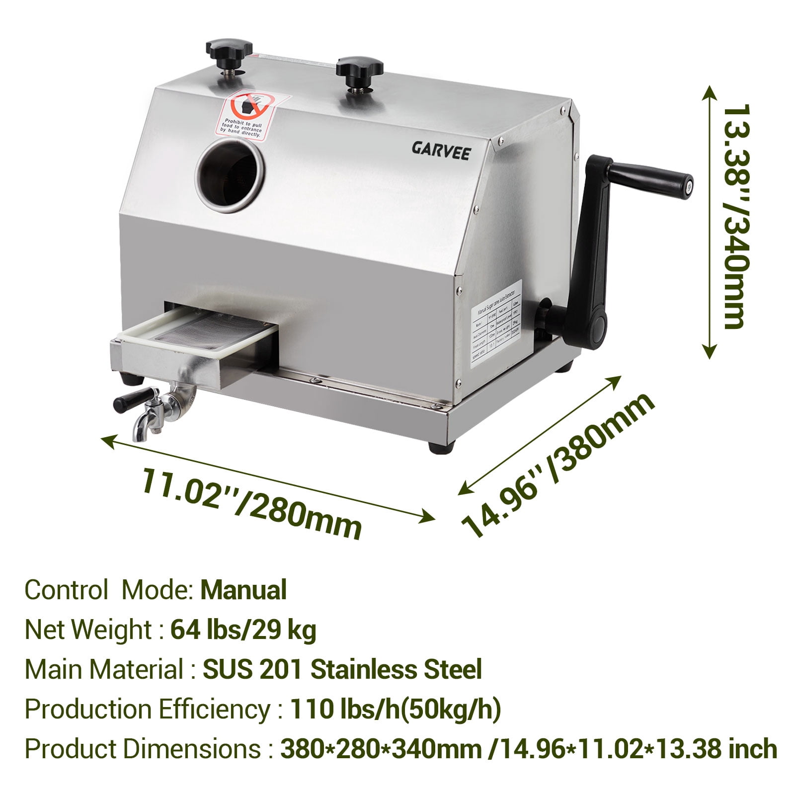 Garvee Commercial Manual Sugar Cane Juicer 110 LBS/H Stainless Steel 3 Rollers Sugarcane Press Extractor Countertop Machine for Home and Business