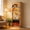 Medium Wood, variant on 70"H Black Arched Bookcase with LED Lights and 5 Shelves in Engineered Wood