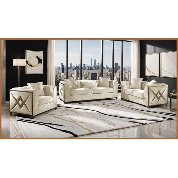 Modern Luxury Velvet 3-Piece Living Room Set – Cream, Solid Wood Frame with Gold X Accents & Tufted Design