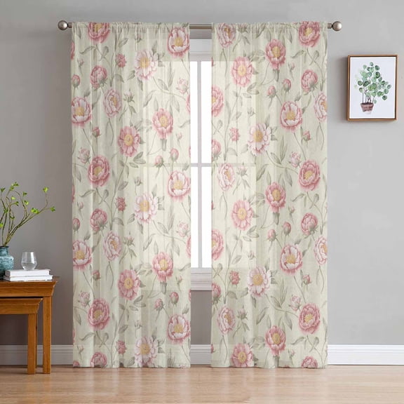 ERUNPONLY Pink Flowers Sheer Curtains 72 Inch Length 2 Panels Set, Farmhouse Botanical Floral Leaves Plants Voile Window Treatment Curtains Sheers Drapes for Bedroom/Living Room/Kitchen 52"x72"x2
