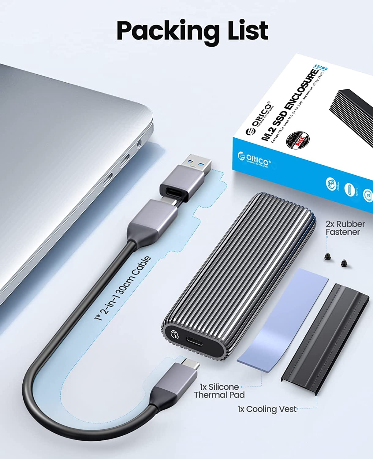 ORICO m.2 NVME SSD Enclosure 10Gbps USB3.2 USB-C M2 Aluminum External Hard Drive Case for m.2 PCIe NVMe M-Key 2230/2242/2260/2280 SSD,Support UASP Trim