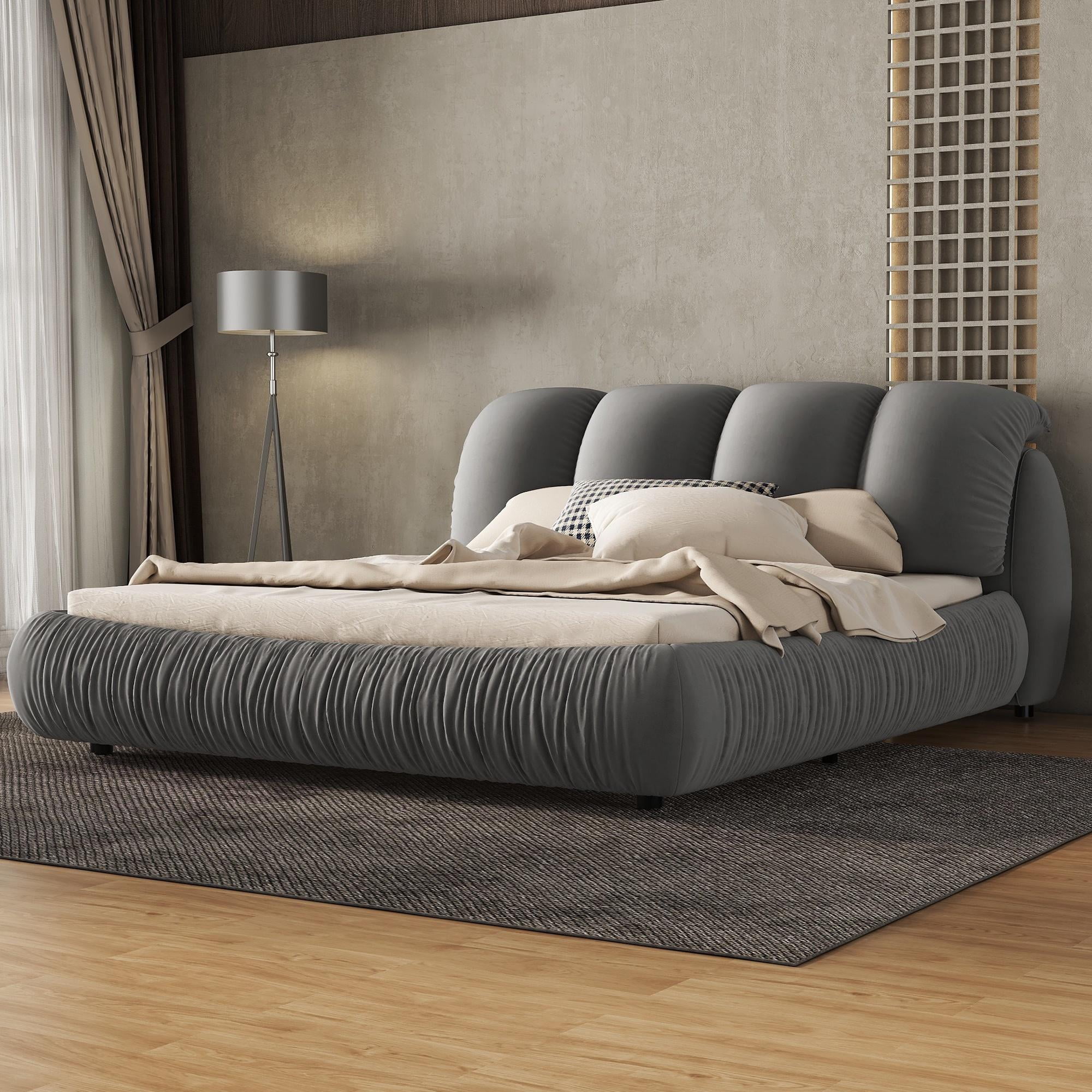 PORKISS Queen Upholstered Bed Frame with Super Soft Thick Headboard, Oversized Padded Backrest, Gray