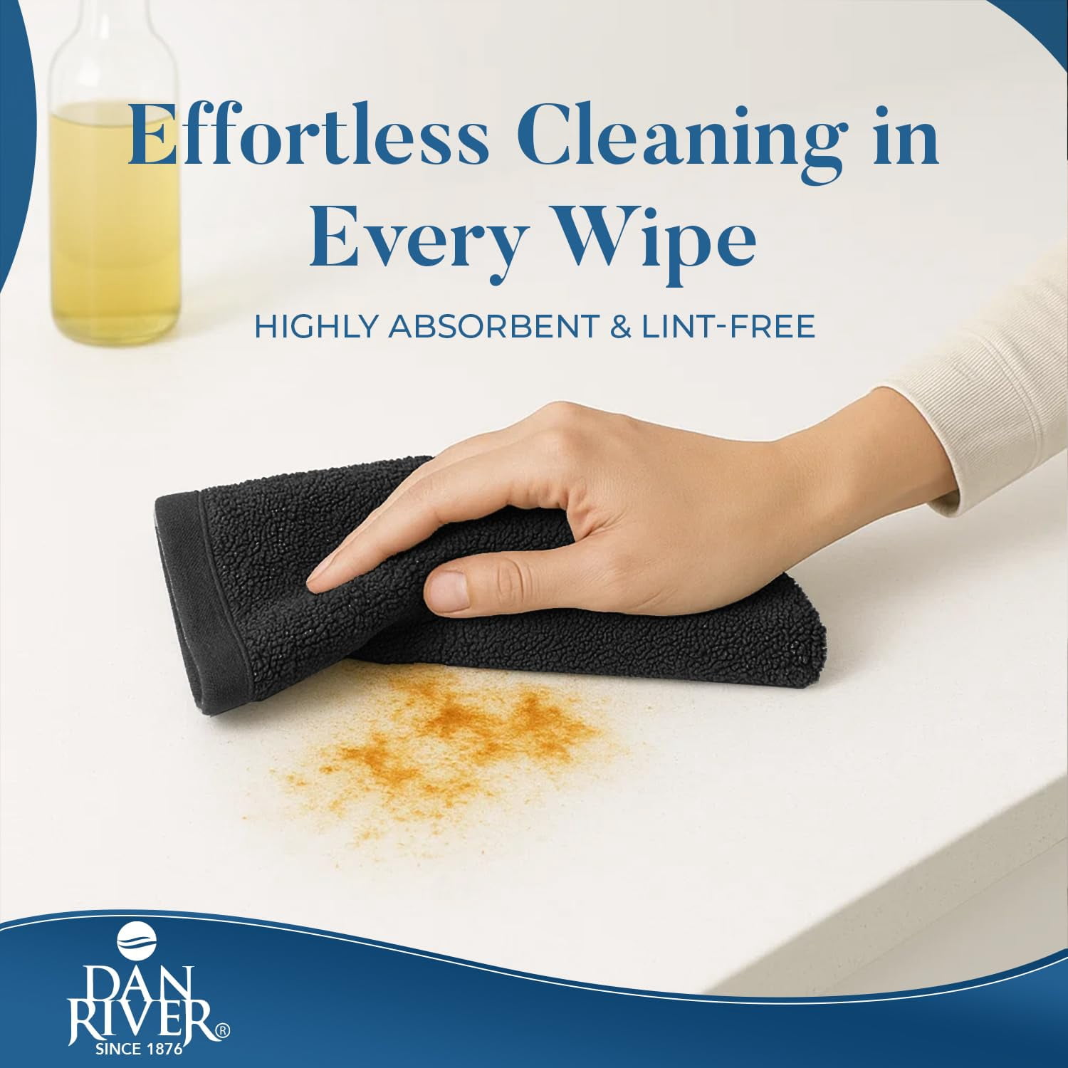 Dan River Bar Mop Cotton Kitchen Towel pack of 12 Super Absorbent And Reusable Cleaning Cloth - Black, 16x19in