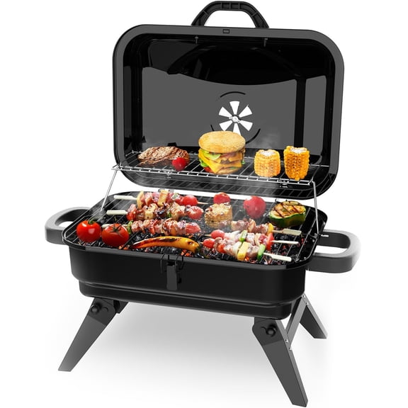 ChromaCore 14" Portable Charcoal Grill,Tabletop Small BBQ Grill for Outdoor Cooking,Camping,Tailgating,Enamel Coated,Vent,Folding Legs,Black
