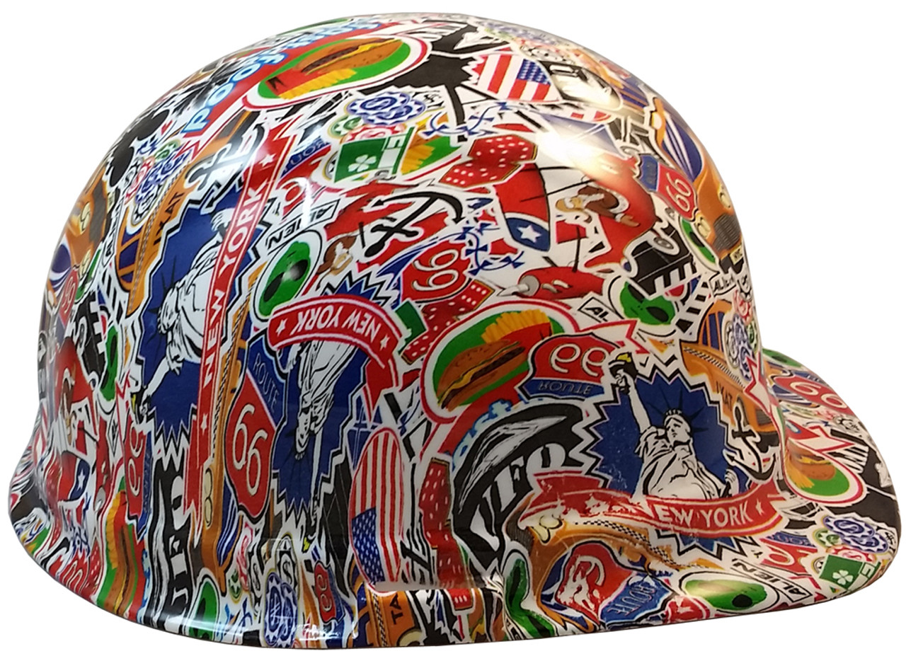 Route 66 Sticker Bomb Hydro Dipped Hard Hats, Cap Style with 4 Pt Suspension
