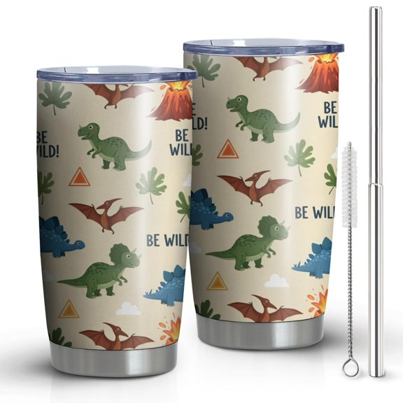 20oz Tumblers Dinosaur and BE WILD Pattern Stainless Steel Vacuum Insulated Double Wall Travel Tumbler Cups Mug with Lid and Straw,Cleaning Brush for Cold & Hot Drinks