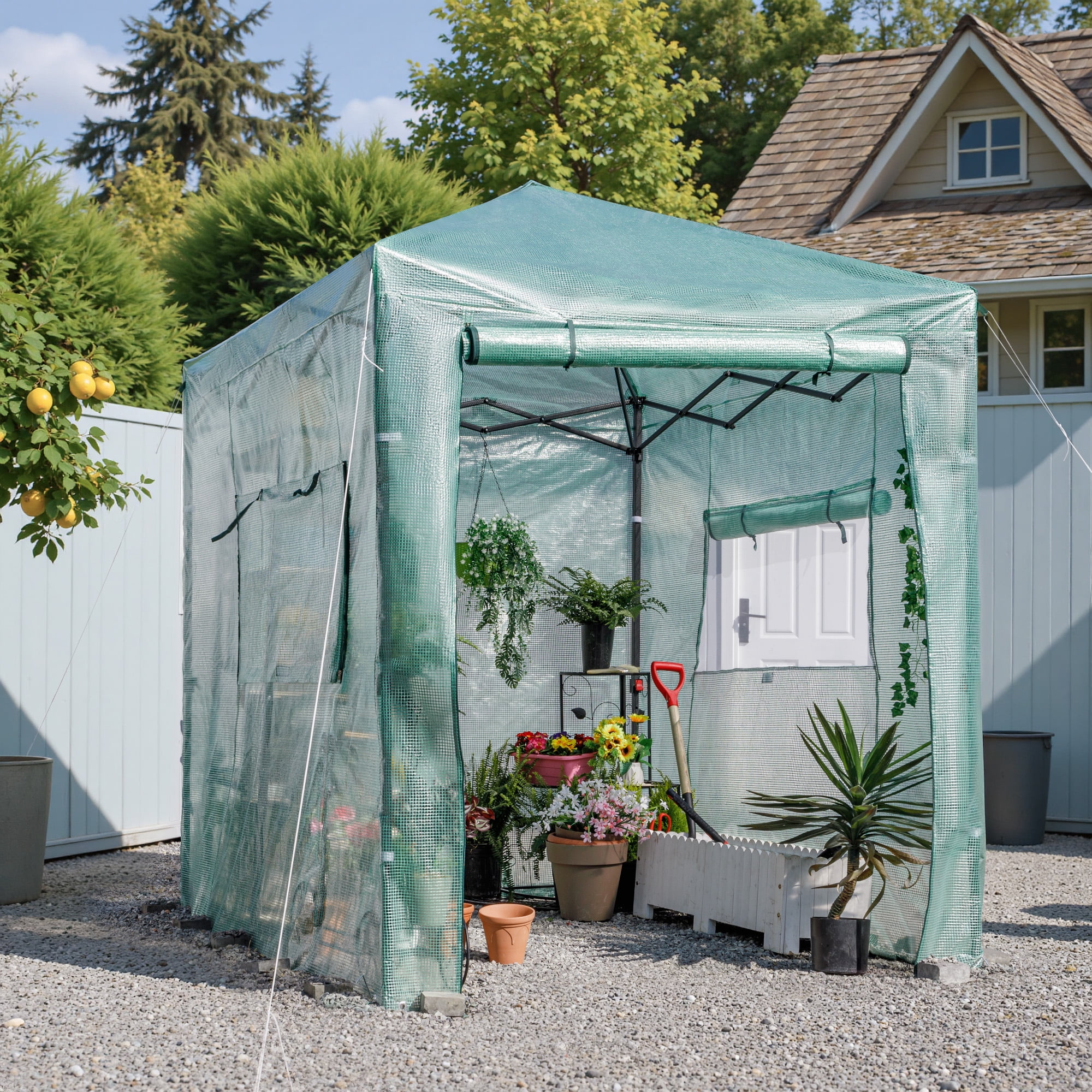 Vineego 8*6 Ft Portable Pop-Up Walk-in Greenhouse with Central Lock Windproof PE Cover, Double-Layer Windows, for Garden and Backyard, Green