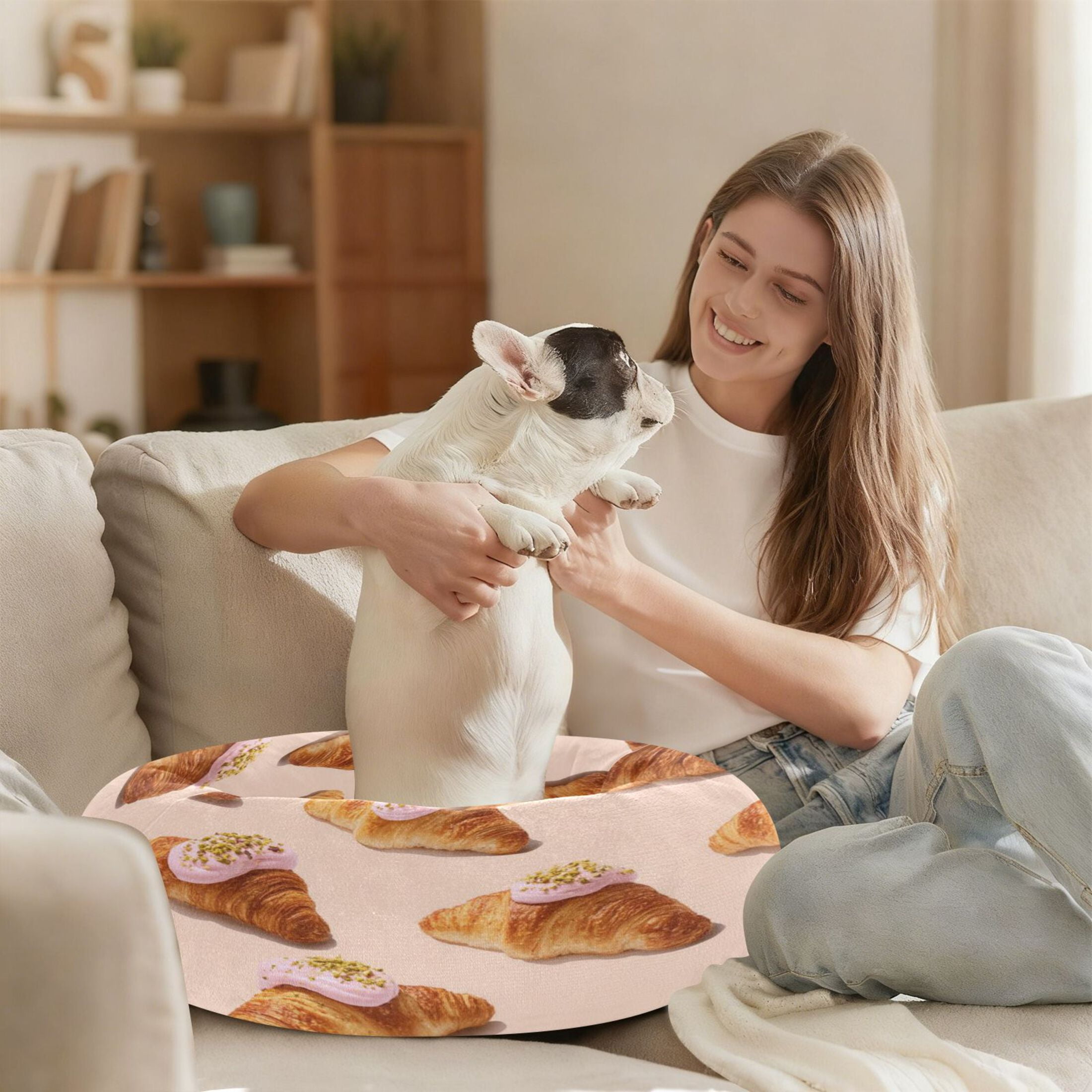 Iauyy Pet Couch Donut Cat Bed for Indoor Cats/Small Dogs Washable & Machine with Non-slip Bottom Calming Cat Furniture, Realistic Horn-shaped Bread (M)
