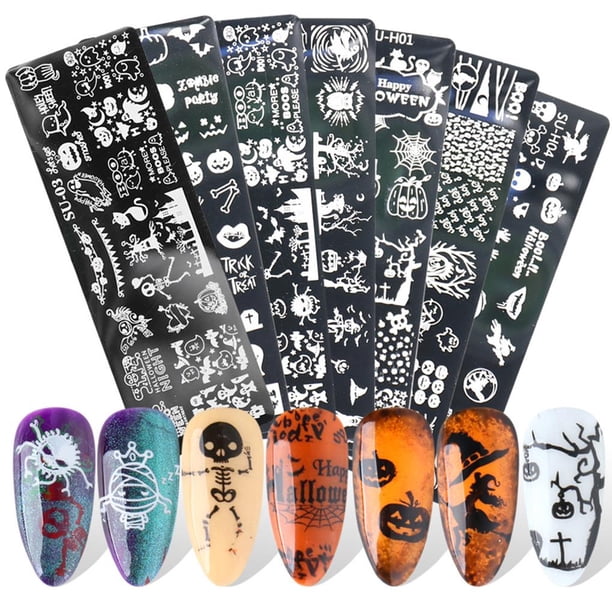 De Plantillas De Uñas De Halloween Plantillas De Transferencia De Placa De Estampado De Uñas De Acero Inoxidable 7 Piezas Cateissary CE006680-00