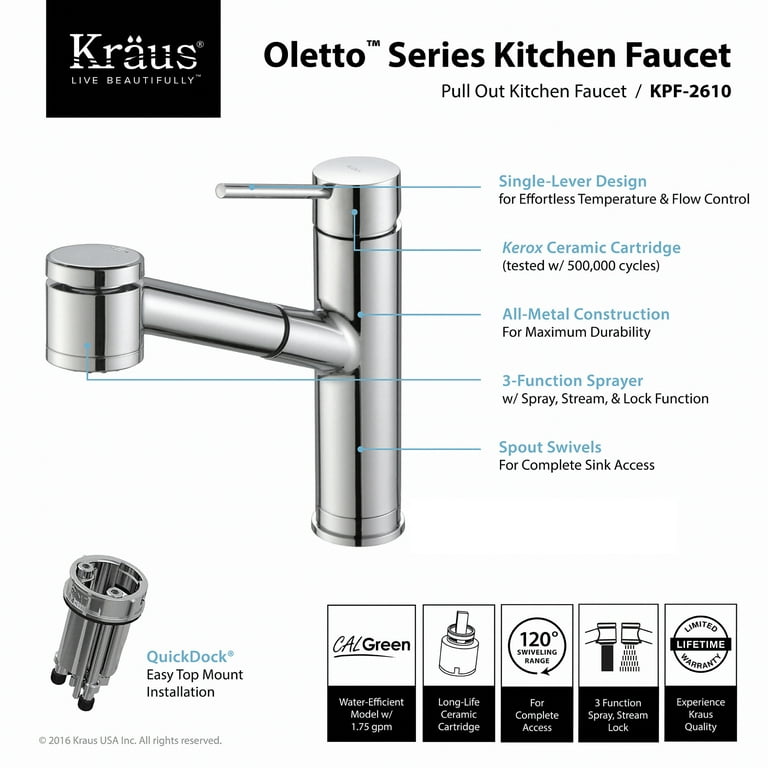 Oletto Single Handle Pull Out Kitchen Faucet in Chrome Finish Oletto Single Handle Pull Out Kitchen Faucet in Chrome Finish