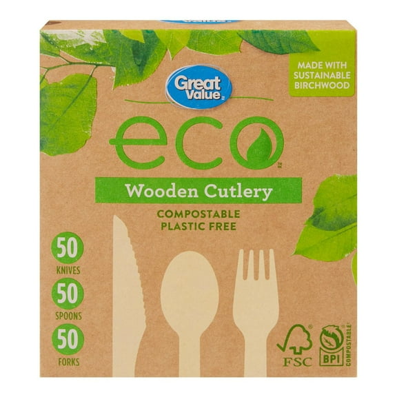 Great Value eco Couverts en Bois, 150 Pcs
