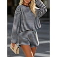 thumbnail image 5 of Women's Striped Long Sleeve Top and Shorts Set Casual Two-Piece Loungewear Outfit, 5 of 5