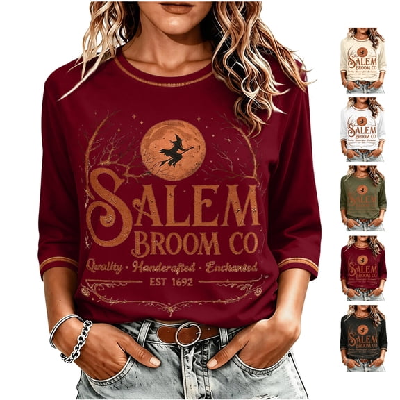 Halloween Tops for Women Funny Vintage Witch Graphic Tees Tops Casual Crewneck 3/4 Length Sleeve Witch Shirt for Halloween Party Costumes Fall Events and Casual Wear