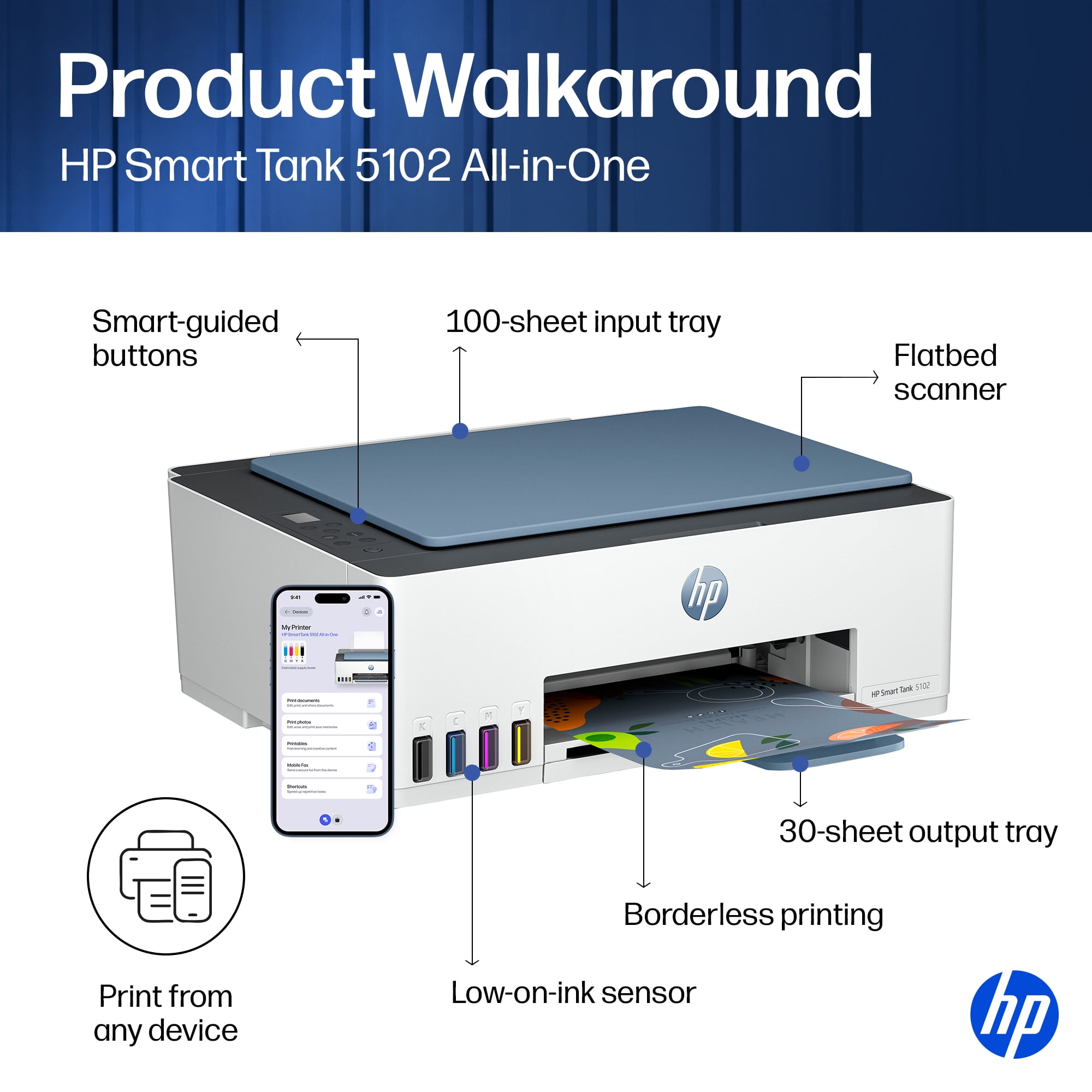 HP Smart Tank 5102 Wireless All-in-One Cartridge-Free Ink Tank Printer, 2 Yrs Ink Incl, Surf Blue