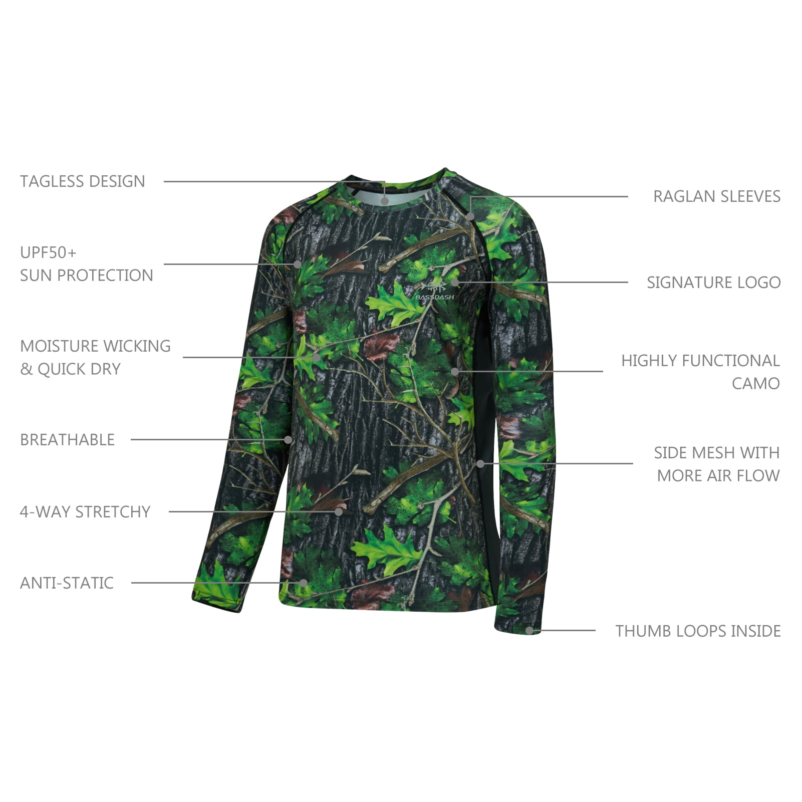 Bassdash FS13M Men's Hunting Camo Performance Long Sleeve Shirt Fishing UPF50+