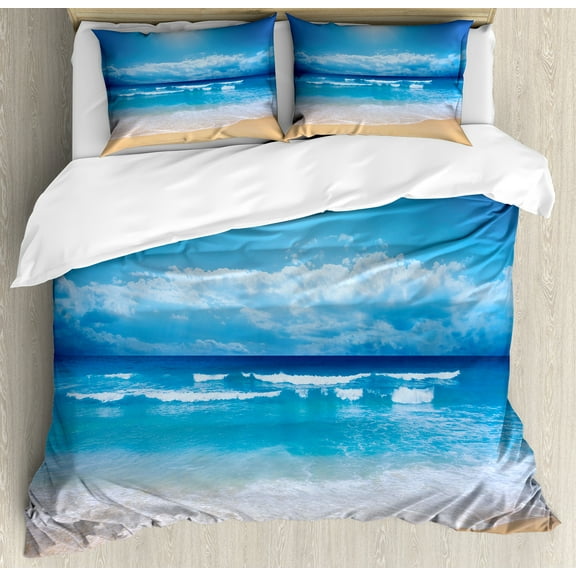 Beach Duvet Cover Set, Seascape Theme Landscape of the Beach and the Cloudy Sky in Summer Digital Print, Decorative 3 Piece Bedding Set with 2 Pillow Shams, Calking Size, Sand Brown Blue, by Ambesonne