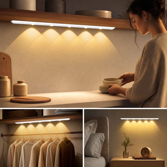 LED Under Cabinet Lights, Motion Sensor Light Indoor, 3 Color Temperature and Dimmable, Rechargeable Battery Operated Safe Light for Shelf, Closet, Kitchen, Counter
