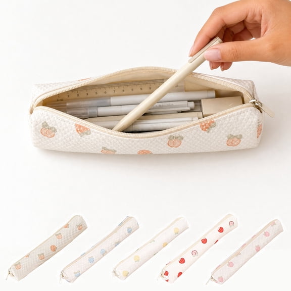 Lksixu Slim Pencil Case, Fruit Pattern Pencil Pouch with Zipper, Aesthetic Stationery Organizer, Lightweight Small Pencil Bag, Waterproof Portable Travel Makeup Brush Holder Cosmetic Bag