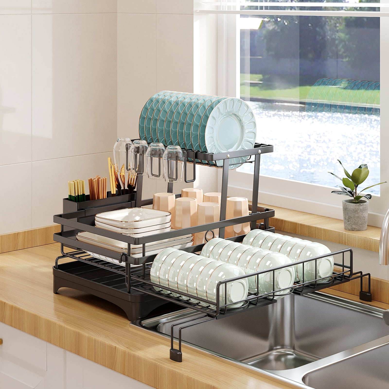 Over Sink Dish Drying Rack, 2-Tier Pull-Out Foldable Dish Rack with Utensil Holder, Stainless Steel, 17.72 in L x 13.78 in W x 5.91 in H