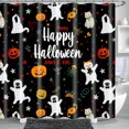 thumbnail image 1 of Spooky Black Shower Curtain with Happy Halloween Design & Playful Cats, 1 of 5