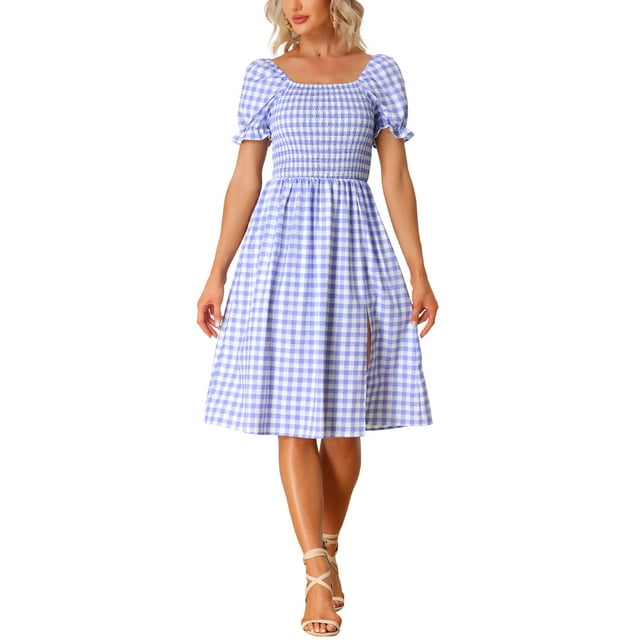 INSPIRE CHIC Robe Smockée pour Femmes à Carreaux Col Carré Manches Courtes Décontractée Violette P