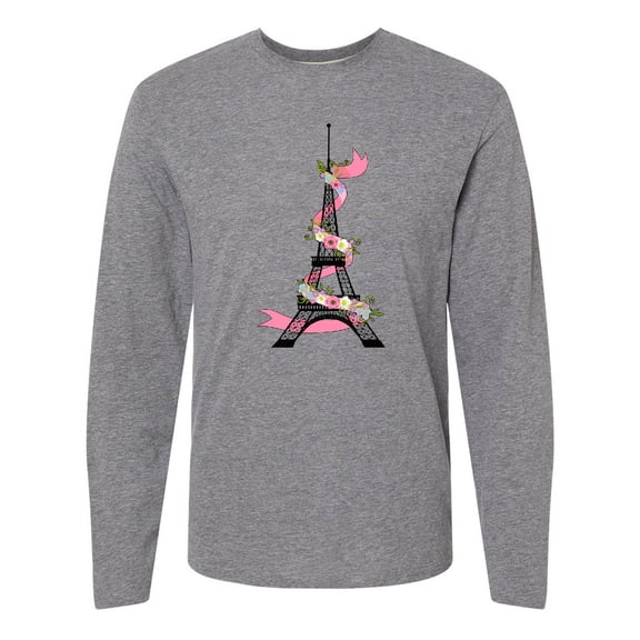 Inktastic Eiffel Tower in Paris with Flowers and Pink Banner Long Sleeve T-Shirt