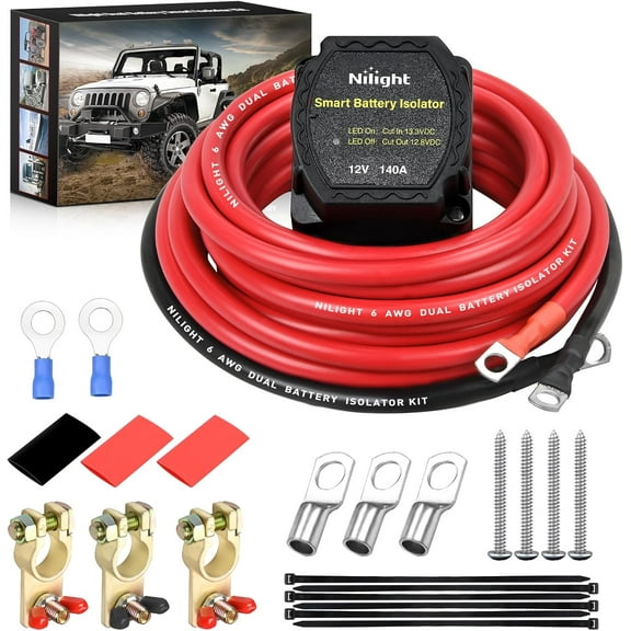 Nilight 12V 140AMP Dual Battery Isolator Kit with 6 AWG Power Cable Terminal Voltage Sensitive Relay Smart VSR Automatic Charger Disconnect for Truck Van RV ATV UTV Boat Can Am