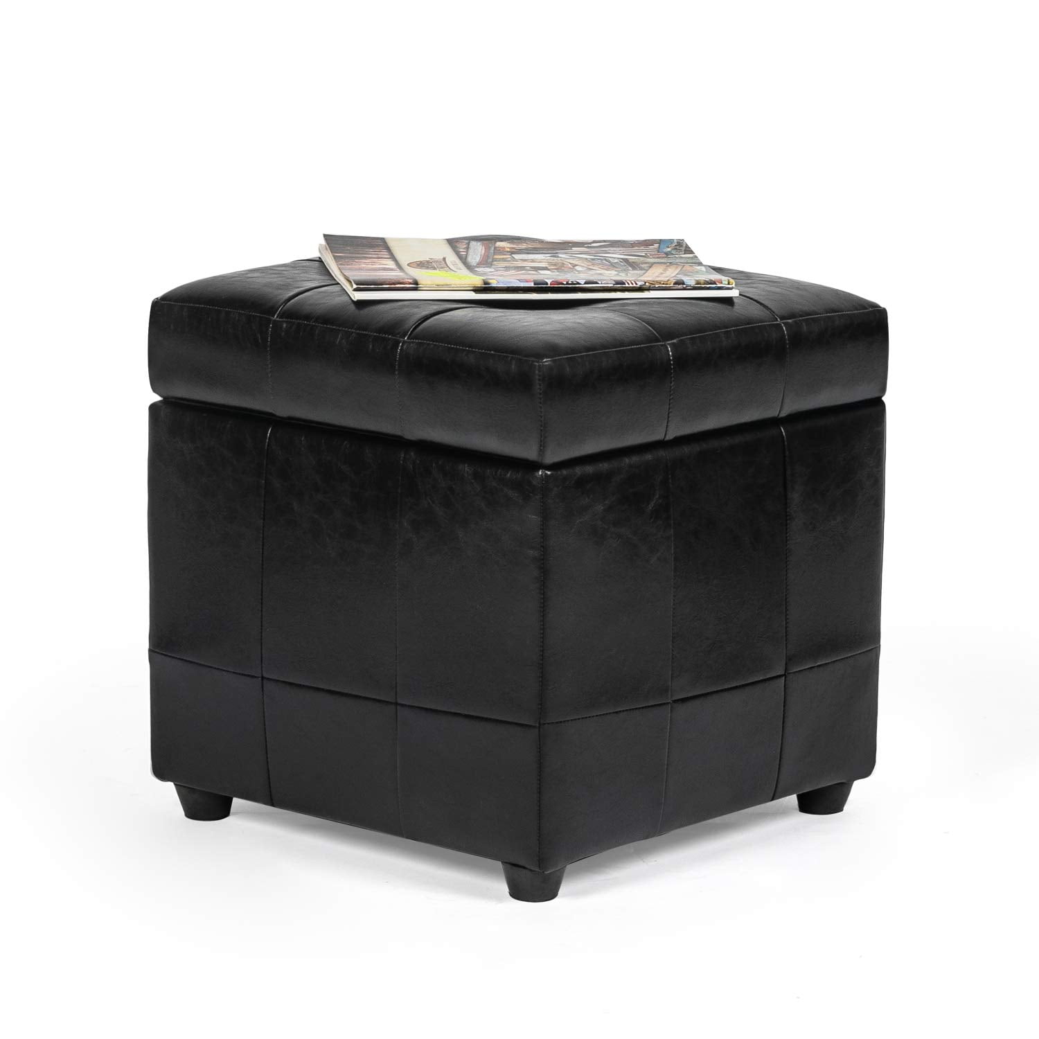 Homebeez Faux Leather LiftTop Storage Square Cube Footrest Ottoman Black