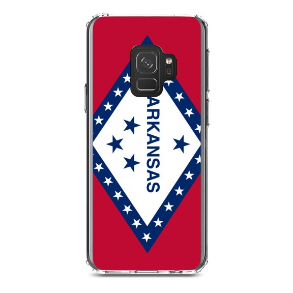 DistinctInk Clear Shockproof Hybrid Case for Samsung Galaxy S9 (5.8" Screen) - TPU Bumper, Acrylic Back, Tempered Glass Screen Protector - Arkansas State Flag - US State Flag